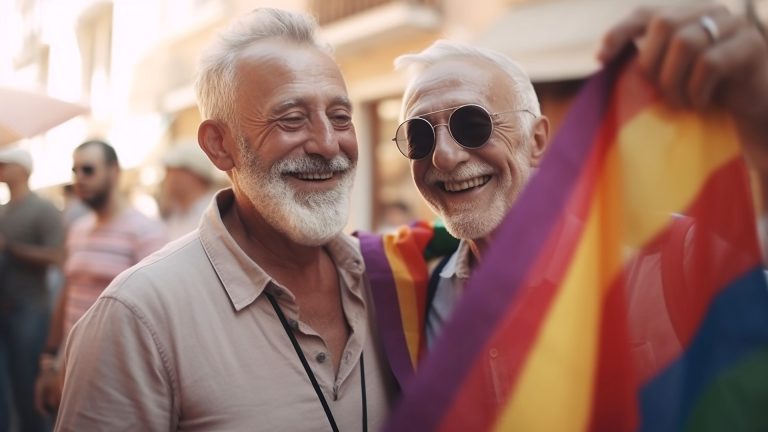 Happy smiling two older gay couple, celebrating pride month. LGBTQ+